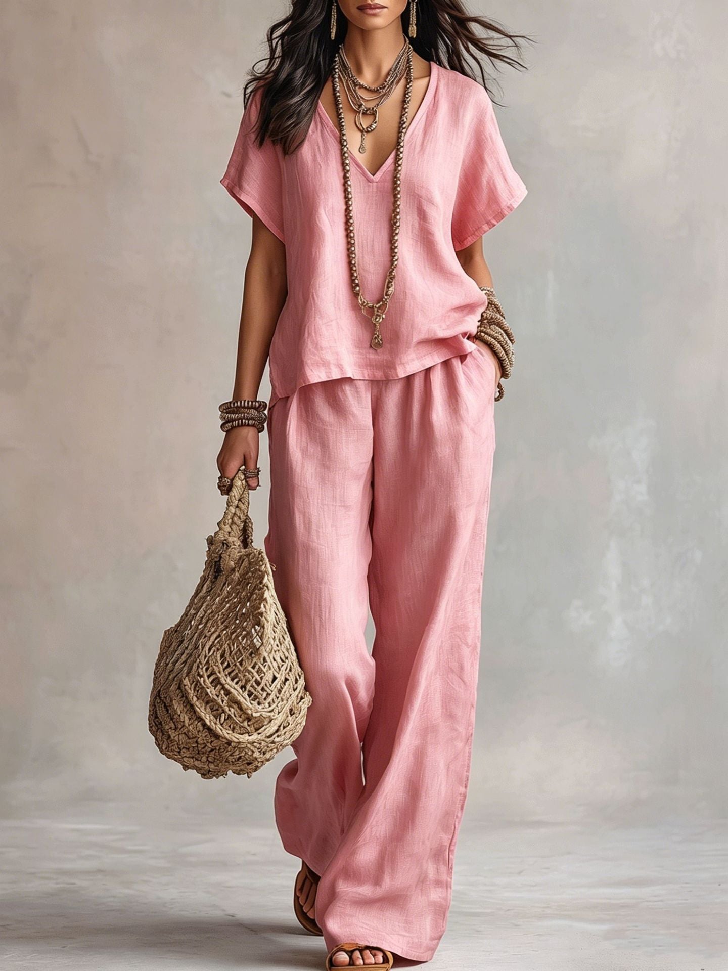 Women's Solid Color Loose Short-sleeved Trousers Two-piece Suits