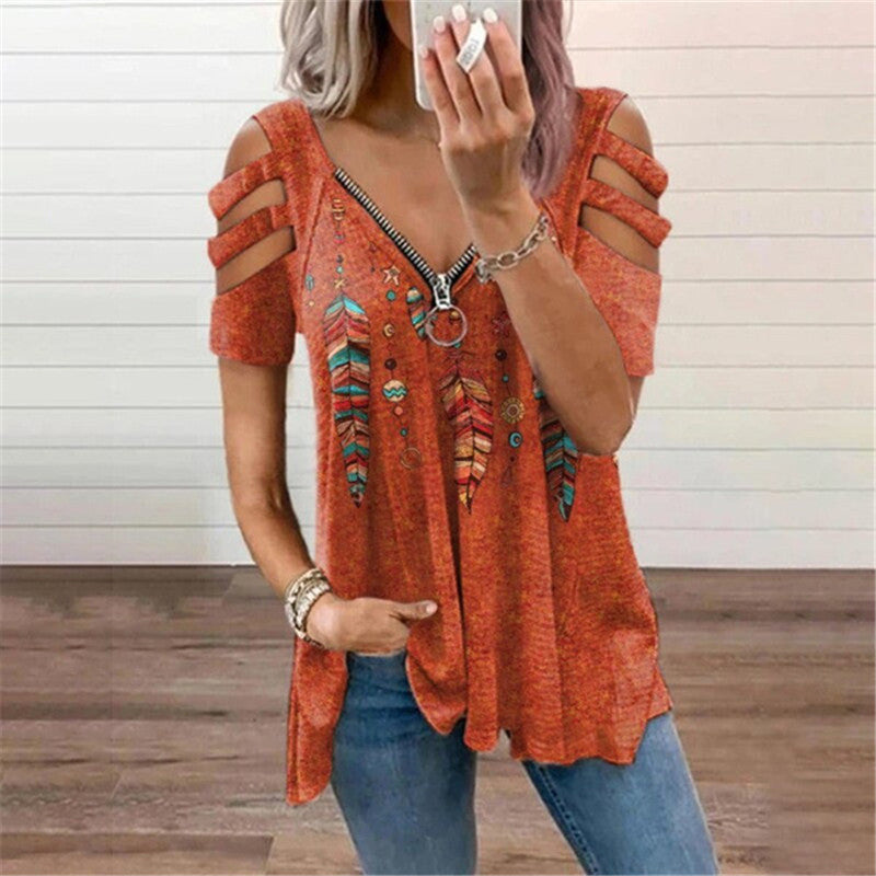 Women's Collar Zipper Pullover Sleeve Loose T-shirt Blouses