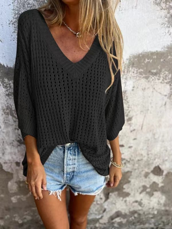 Women's T-shirt Hollow Out Outer Match Long-sleeved Knitted Knitwear