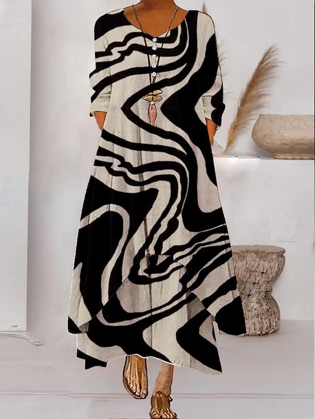 Women's Popular Printed Long-sleeved Hem Irregular Long Dress