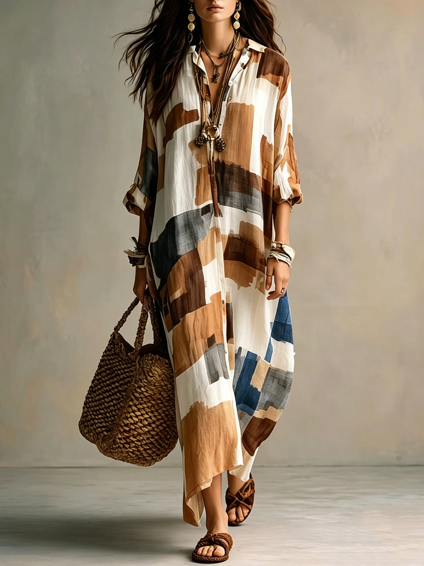Women's Summer Geometric Printed Shirt Long Casual Vacation Style Dress