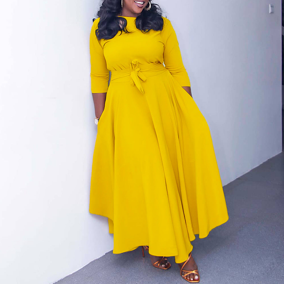 Women's Fashion Temperament Pure Color Large Swing Dress