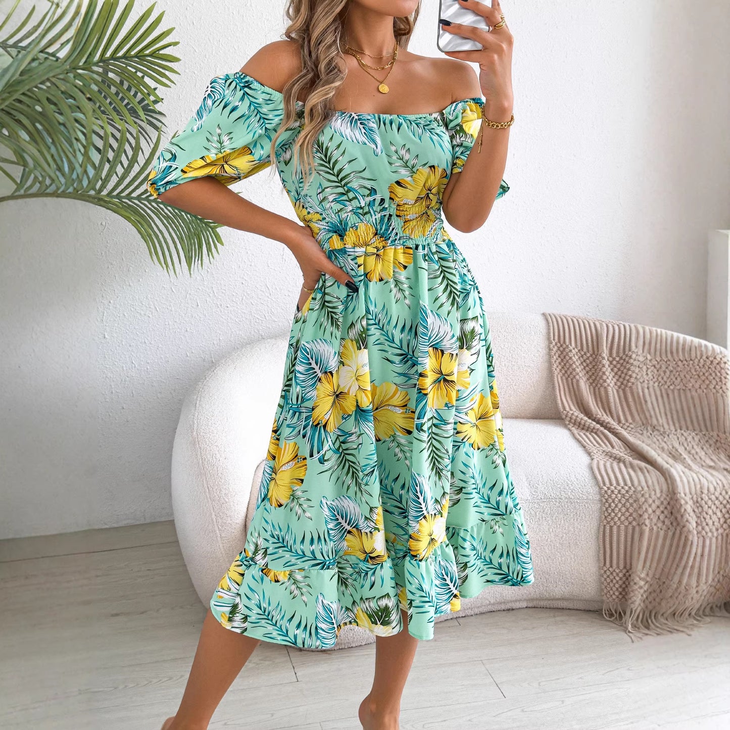 Women's Flower Sleeve Ruffled A- Line Holiday Clothing