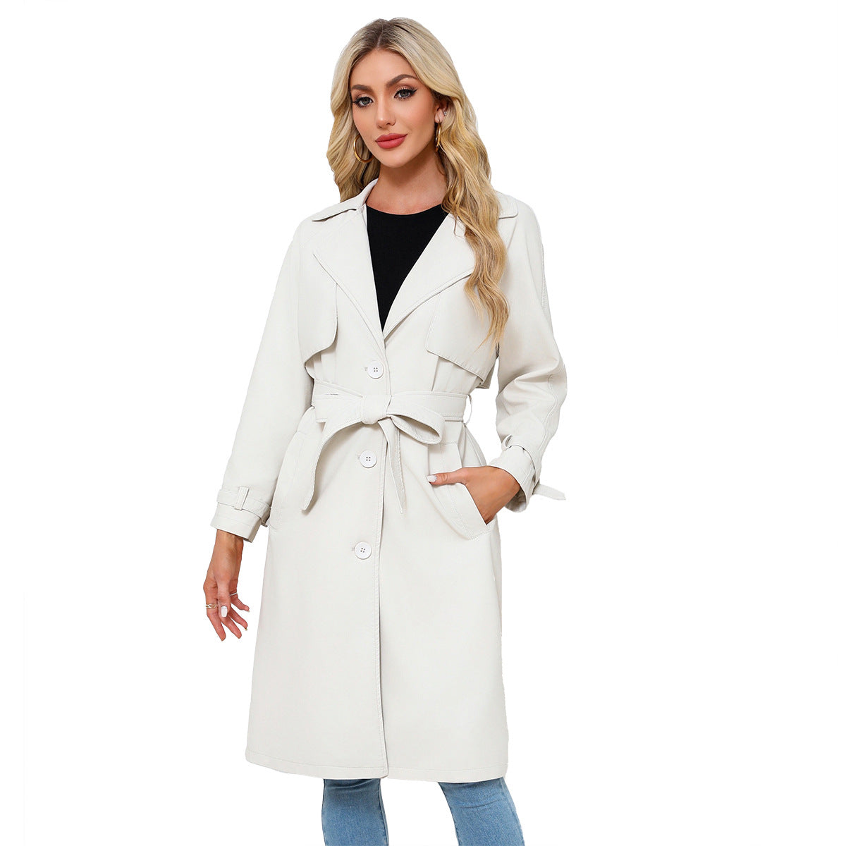 Women's Trench Long Loose Leather Classic Turn-down Collar Jackets