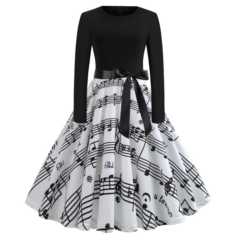 Women's Vintage Printed Long Sleeve Round Neck Sexy Mid-length Dress