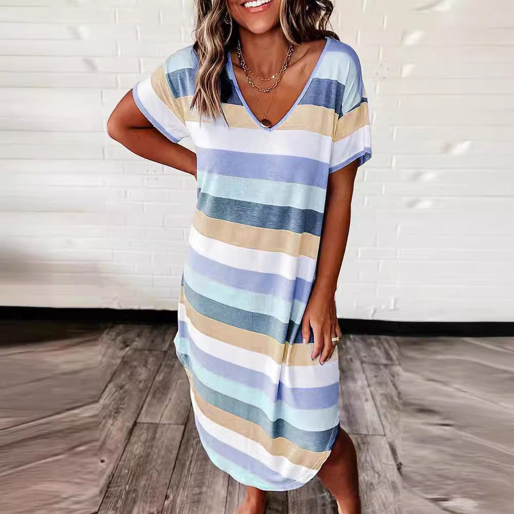 Women's Summer Loose Striped Printed Sleeve Long Dress