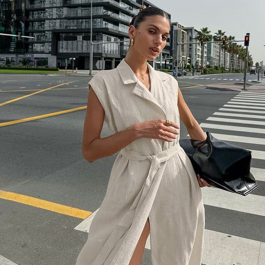 Women's Cotton Linen Dress Summer Khaki Shirt Clothing