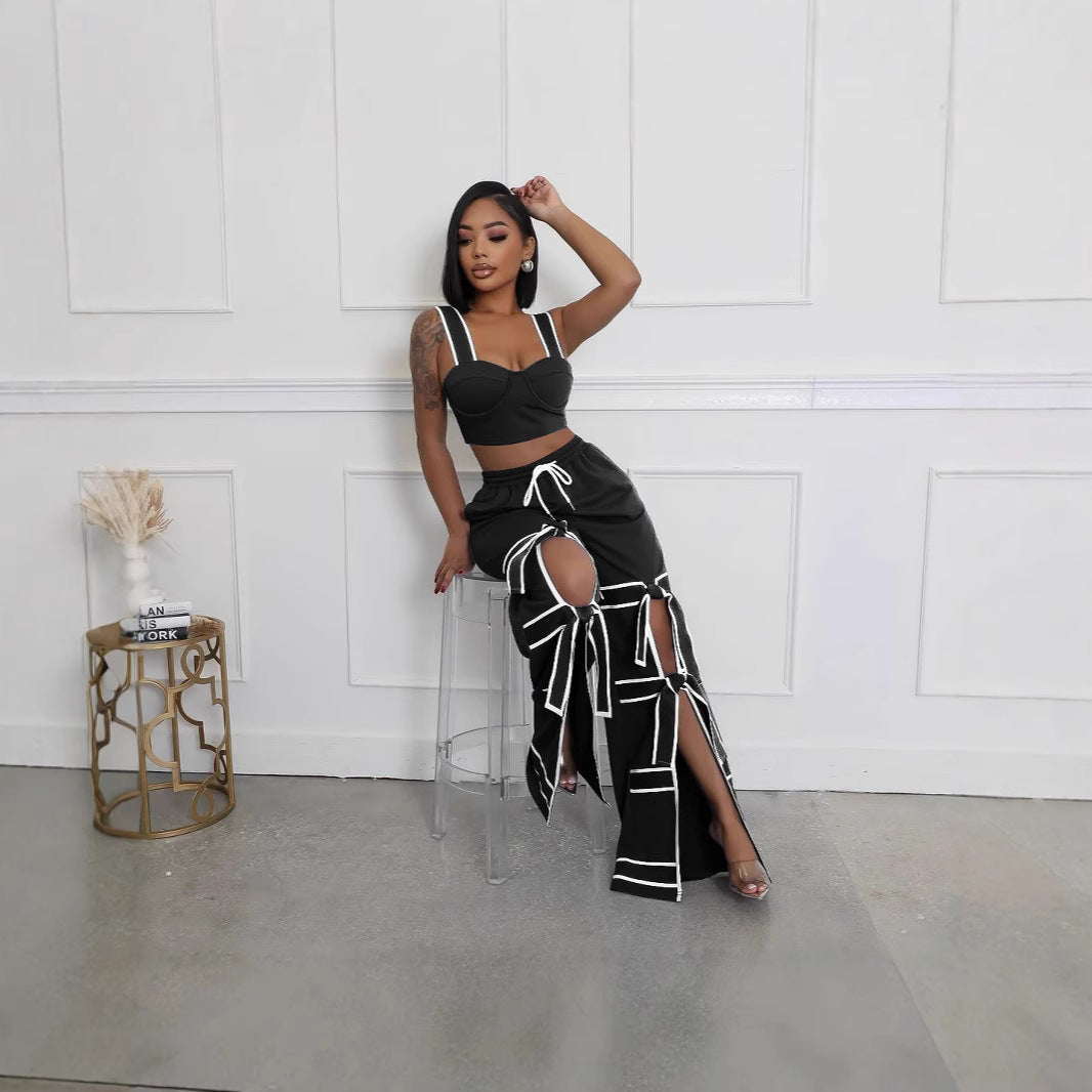 Fashion Solid Color Stitching Straps Casual Pants