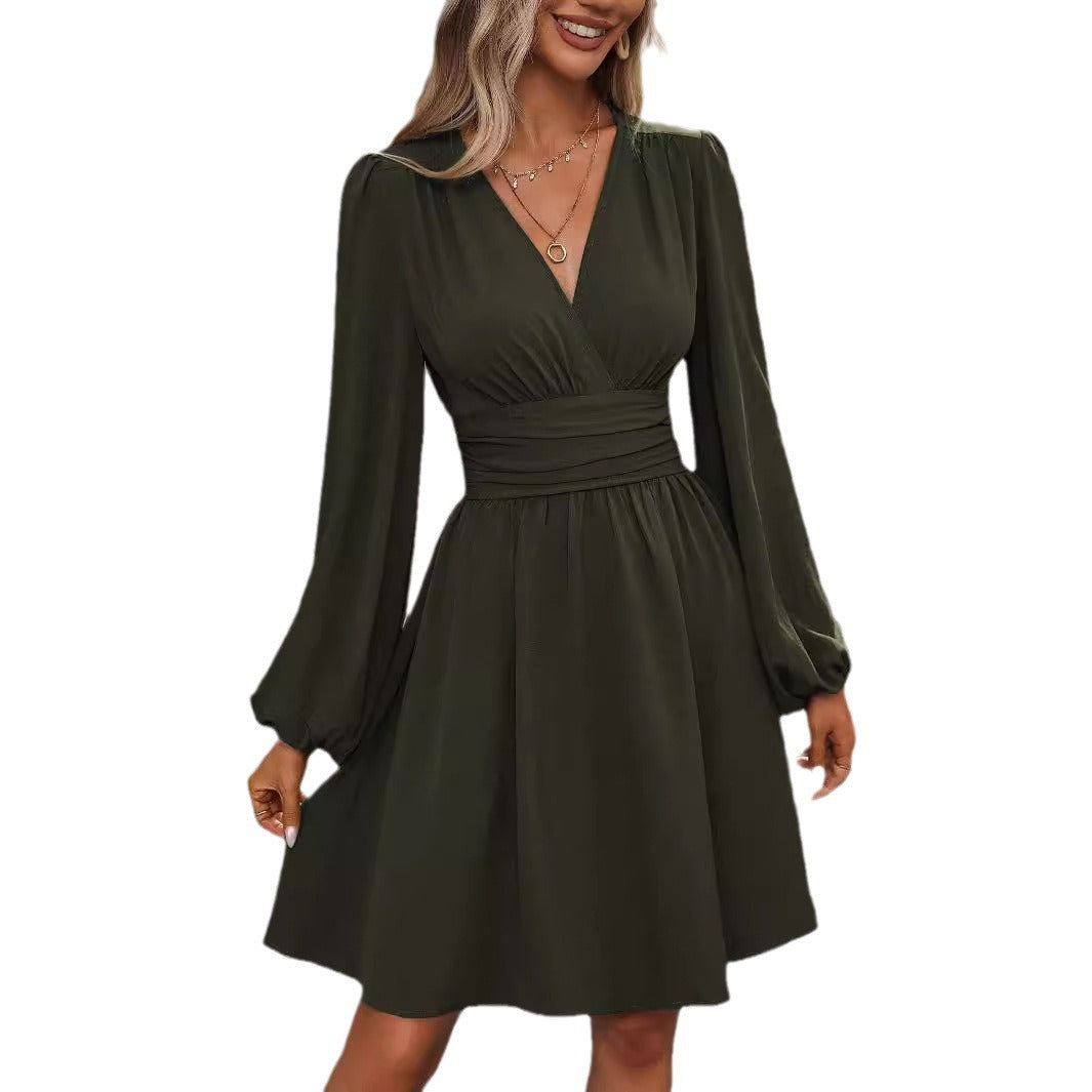 Diagonal Collar Lantern Sleeve Waist Pleated Dress