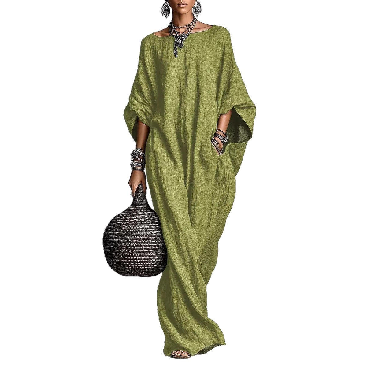 Women's Retro Solid Color Temperament Long Sleeve Dress