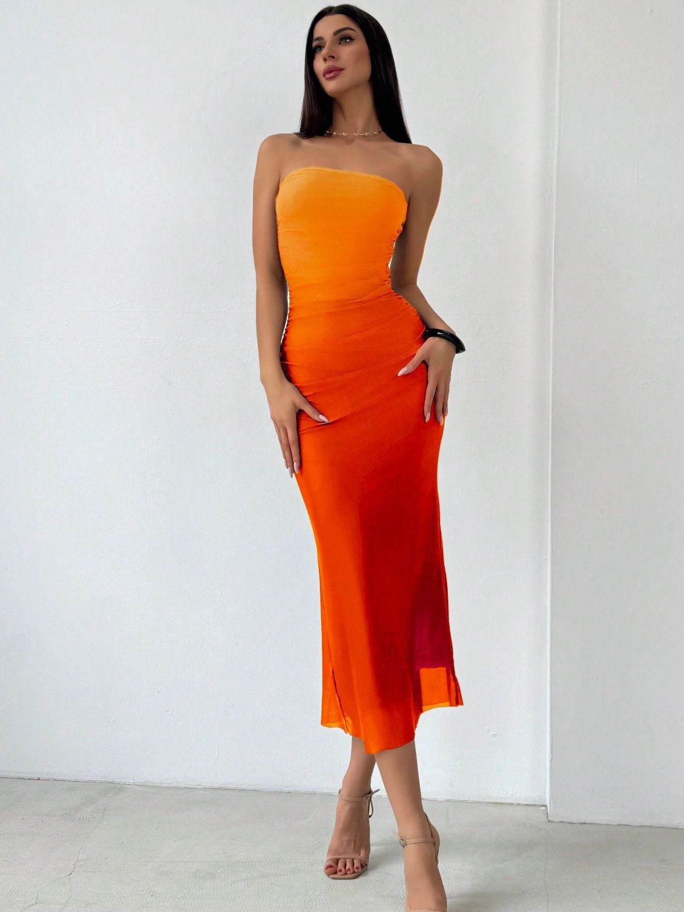 Gradient Pleated Sexy Tight Split Strapless Dresses