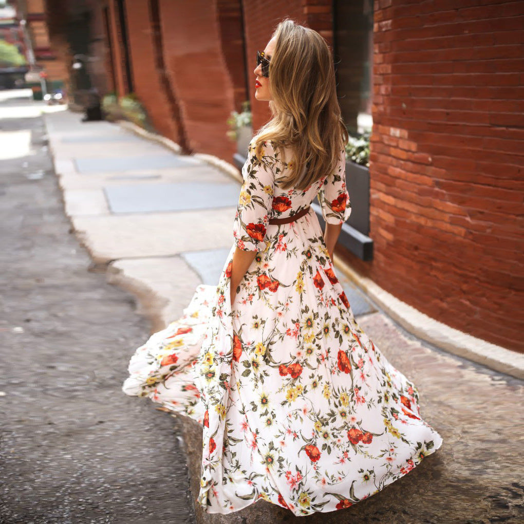 Women's Printed Bohemian Round Neck Sleeve Large Dress