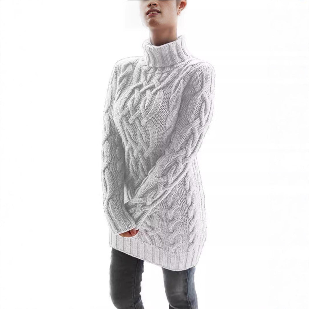 Long Sleeve Slim Knit Dress Solid Color High Neck Thickened Sweater
