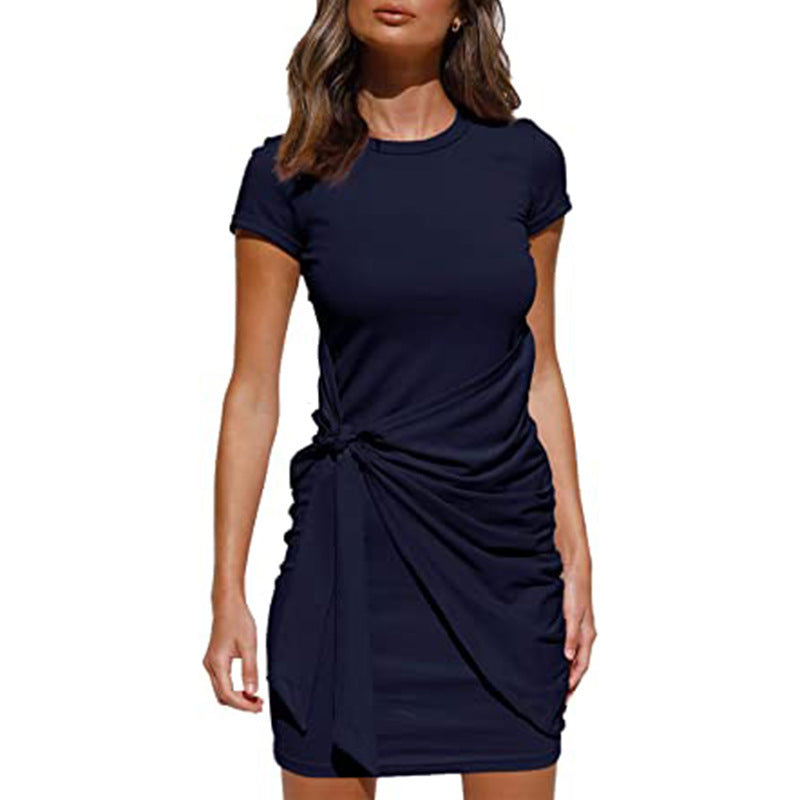 Sleeve Round Neck Pleated Bow Belt Dress