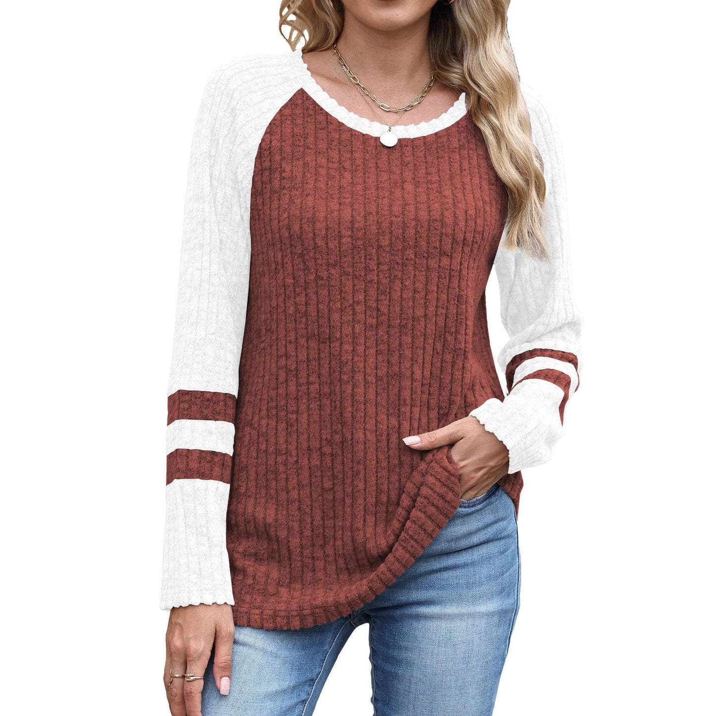 Women's Autumn Fashion Long Sleeve Contrast Color Round Neck Bottoming Sweater