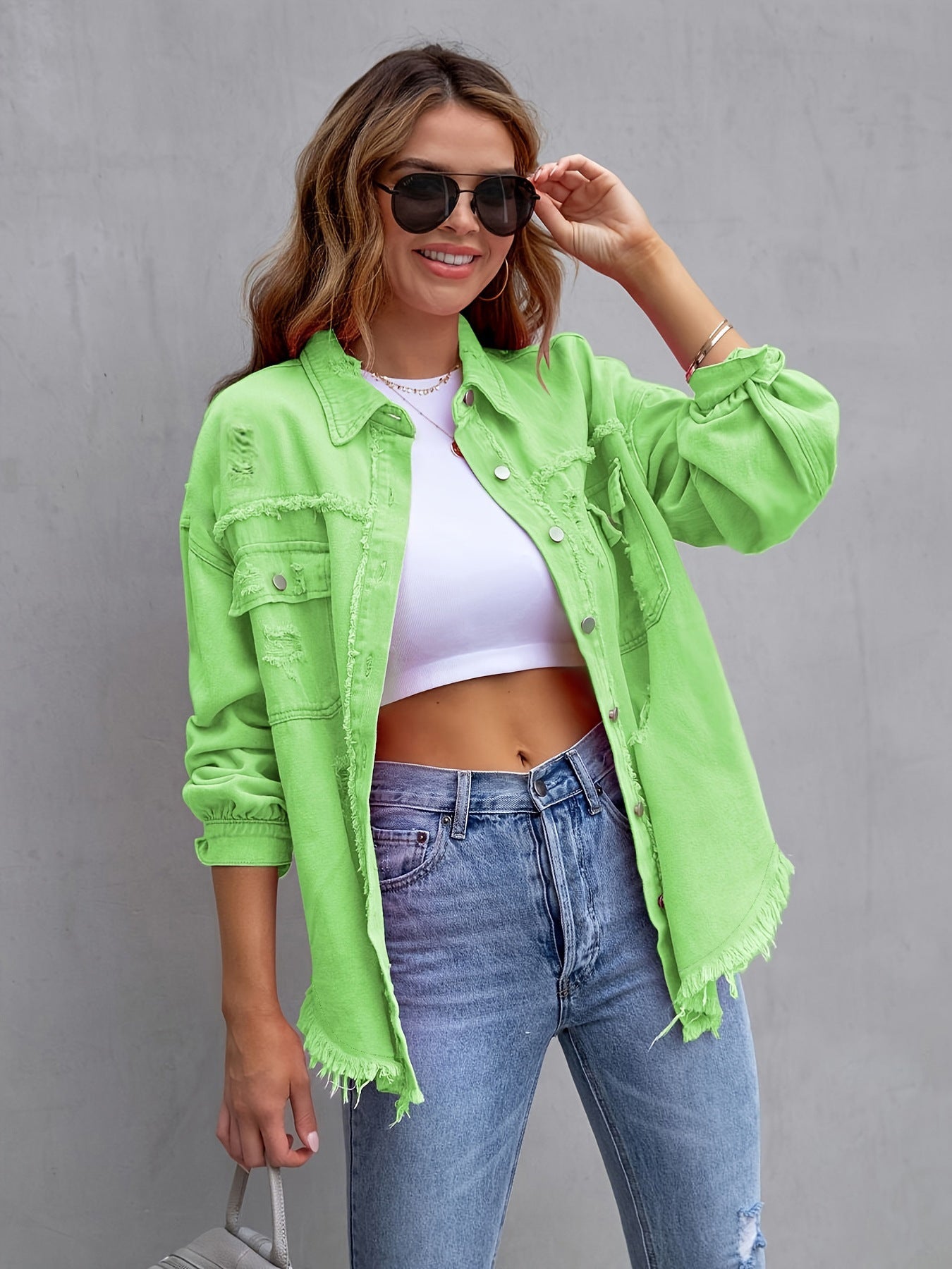 Women's Solid Color Loose Ripped Long Sleeves Jackets