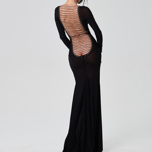 Women's Sexy Mesh Backless Lace Up Long Dresses