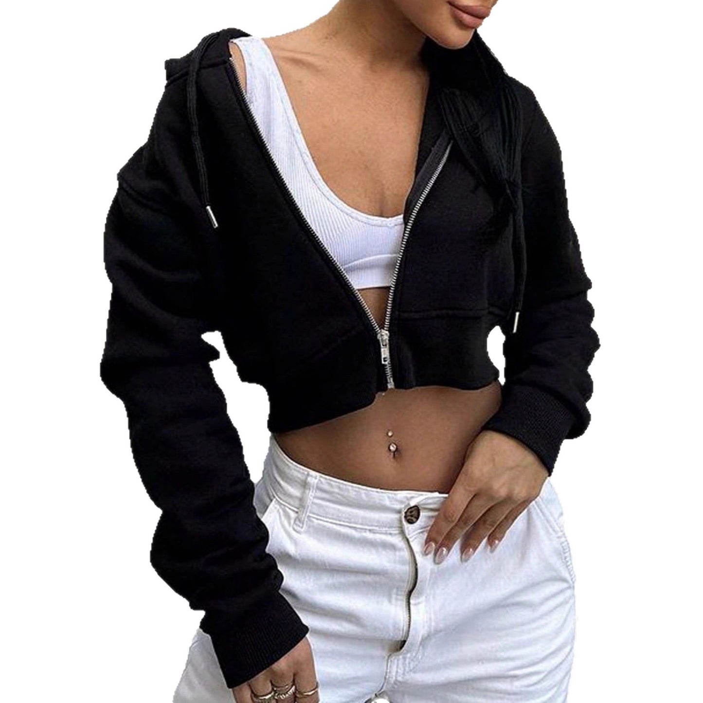 Sleeve Hooded Zip Sexy Veet Solid Color Sports Women's Sweater, Sweater