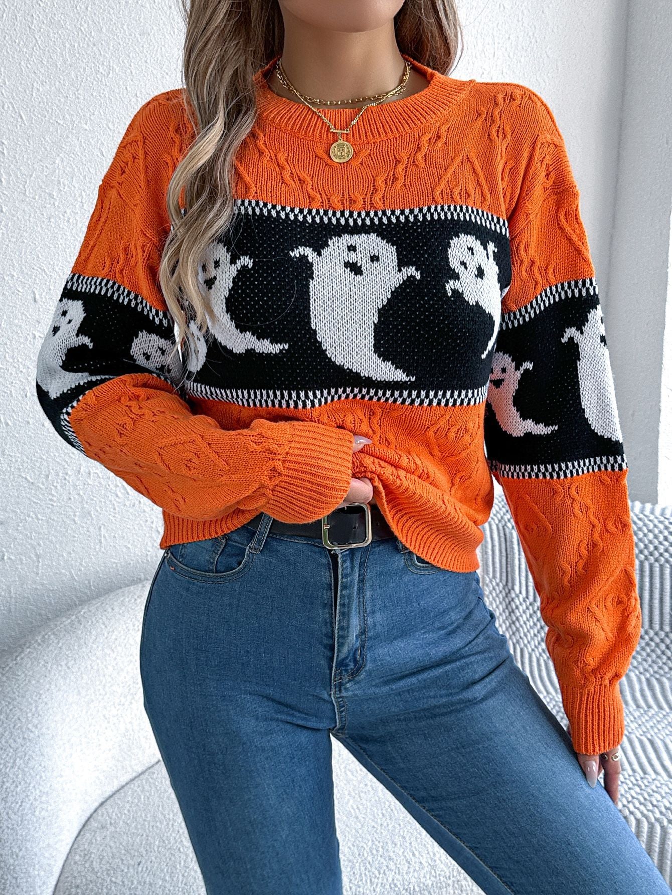 Women's Halloween Theme Ghost Contrast Color Long Sleeves Sweater
