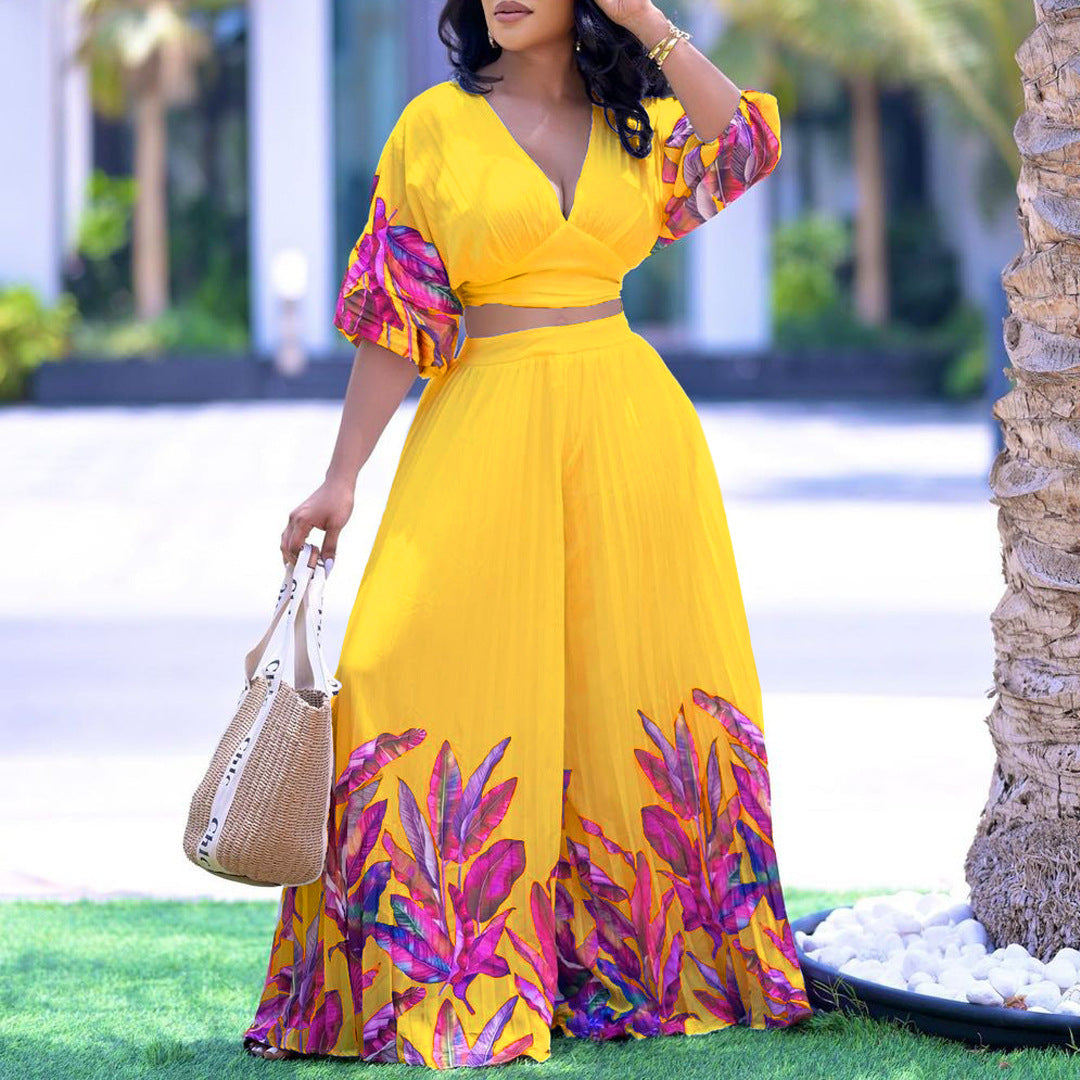 Women's Summer Printed Wide Leg Two-piece Fashion Casual Suit