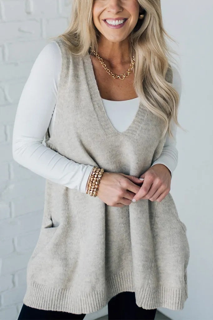 Trendy Classy Color Pocket Knitted Sleeveless Sweater