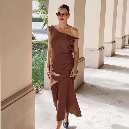 Women's Brown Dress Summer Design Tight Waist Dresses