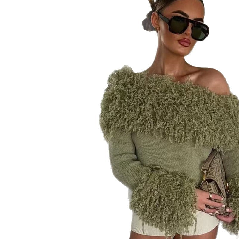 Women's French Fashionable Design Collar Texture Tassel Knitwear