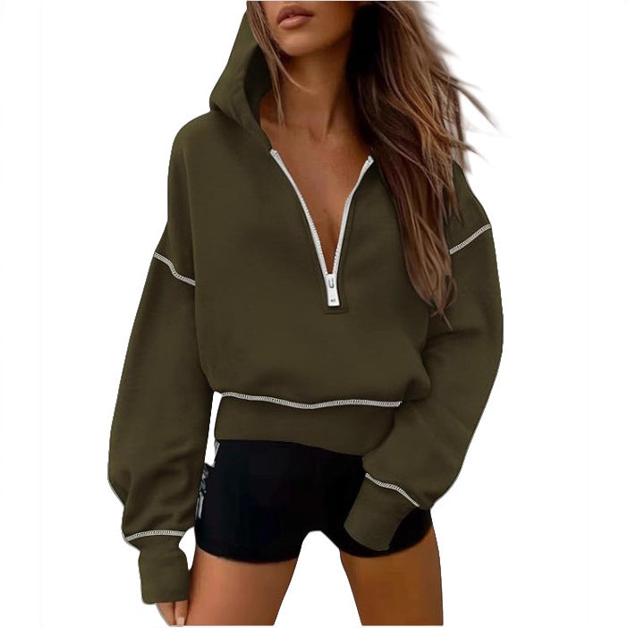 Women's Half Zipper Ladies Hooded Long-sleeved Fashion Women's Sweater, Sweater