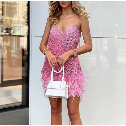 Fashion Tassel Sequins Multicolor Birthday Party Sexy Strap Feather Dresses