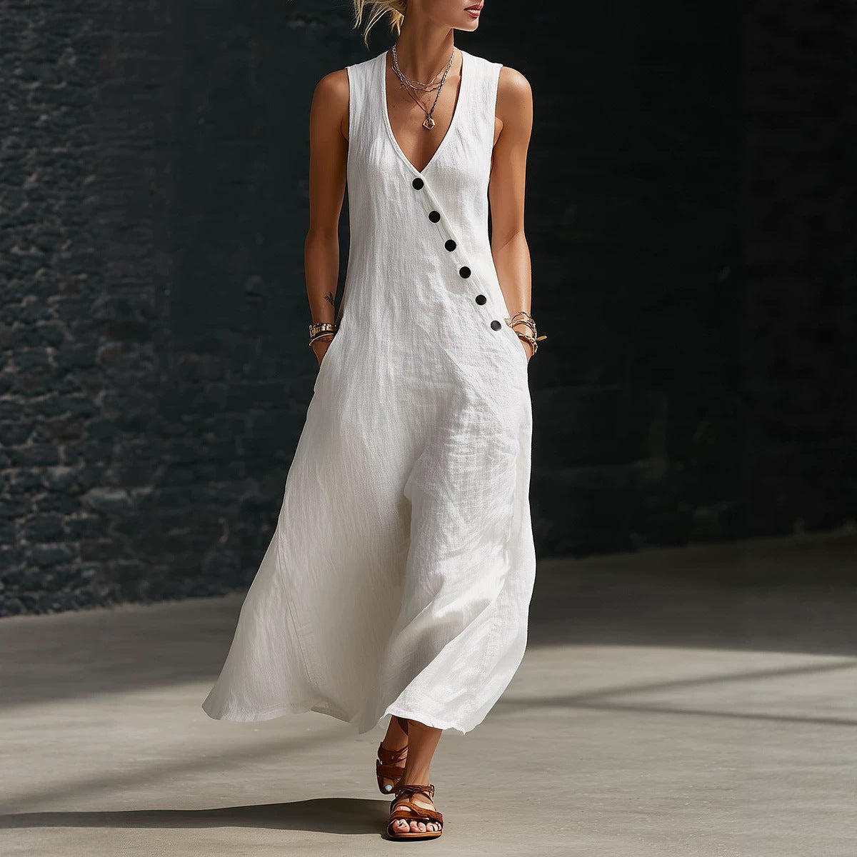Idle Style Double-breasted Cotton Linen Sleeveless Dress