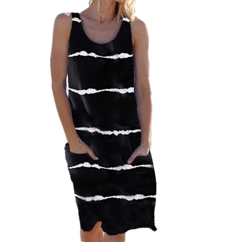 Women's Summer Round Neck Printed Striped Pocket Dress