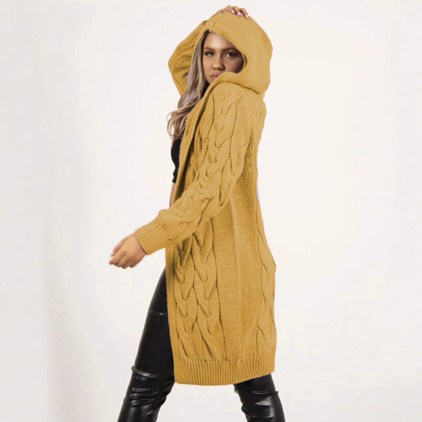 Women's Knitted Long Thick Thread Hooded Twist Knitwear