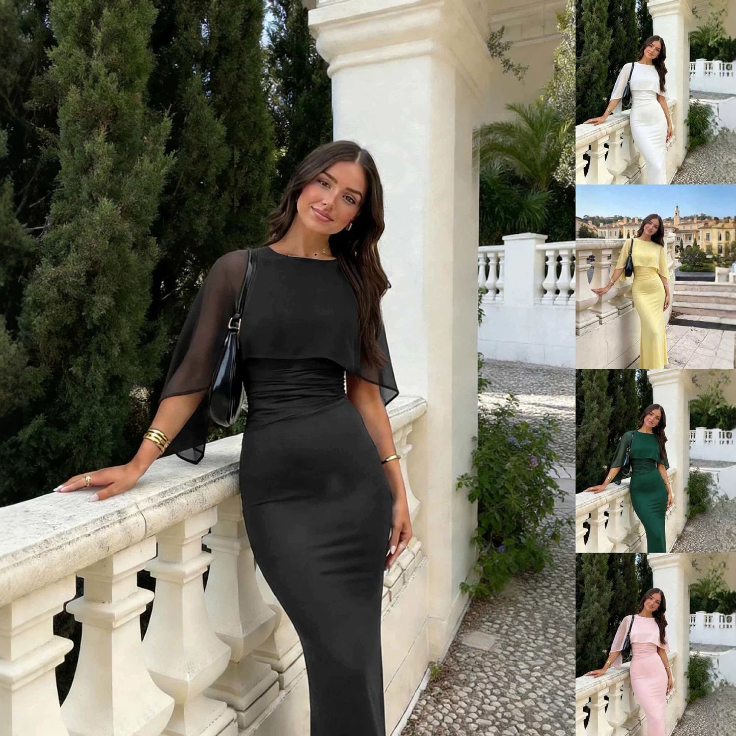 Elegant Graceful Tight Waist Sheath Solid Dress