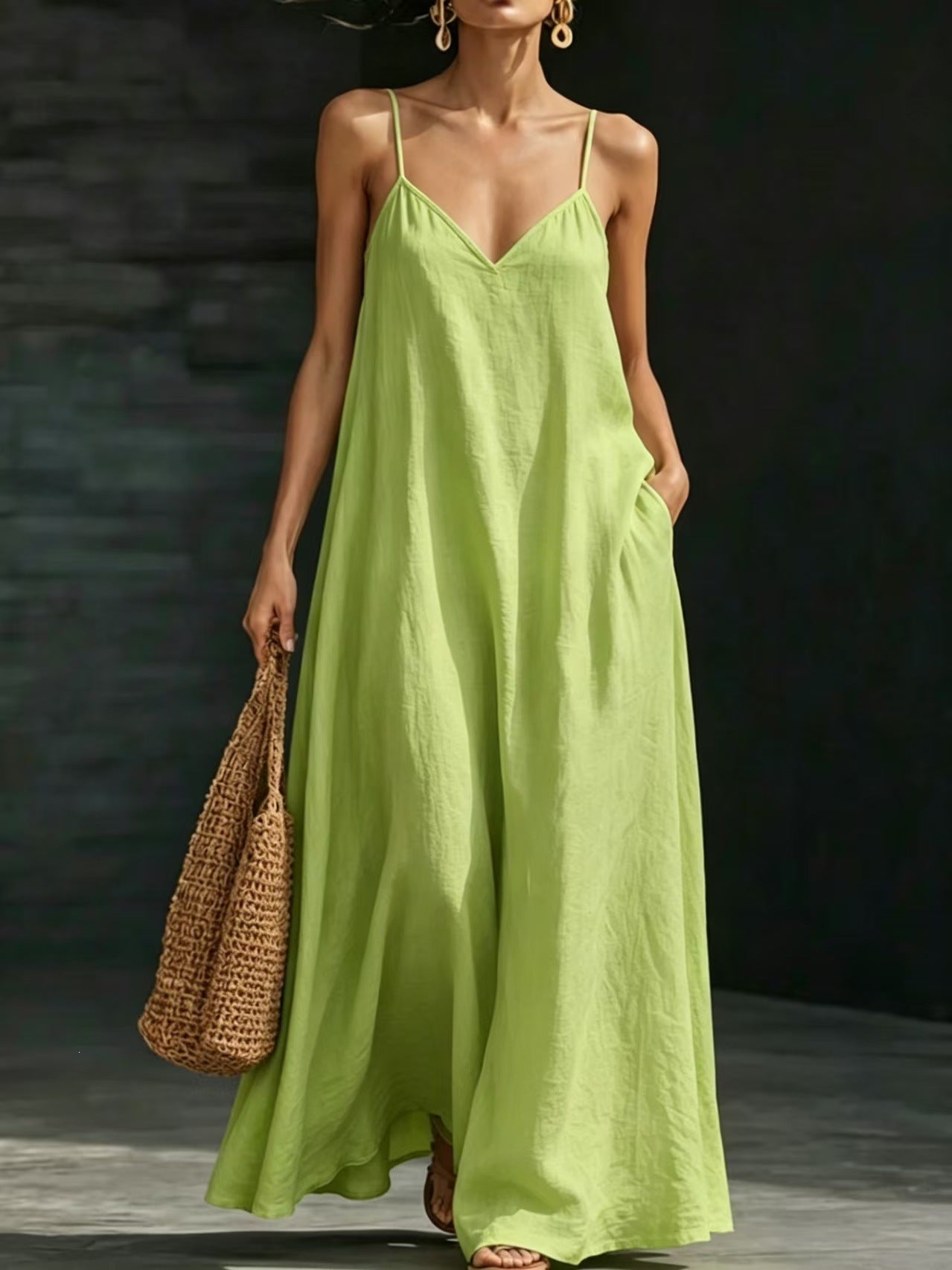 Women's Summer Strap Long Casual Fashion Large Swing Solid Color Dress