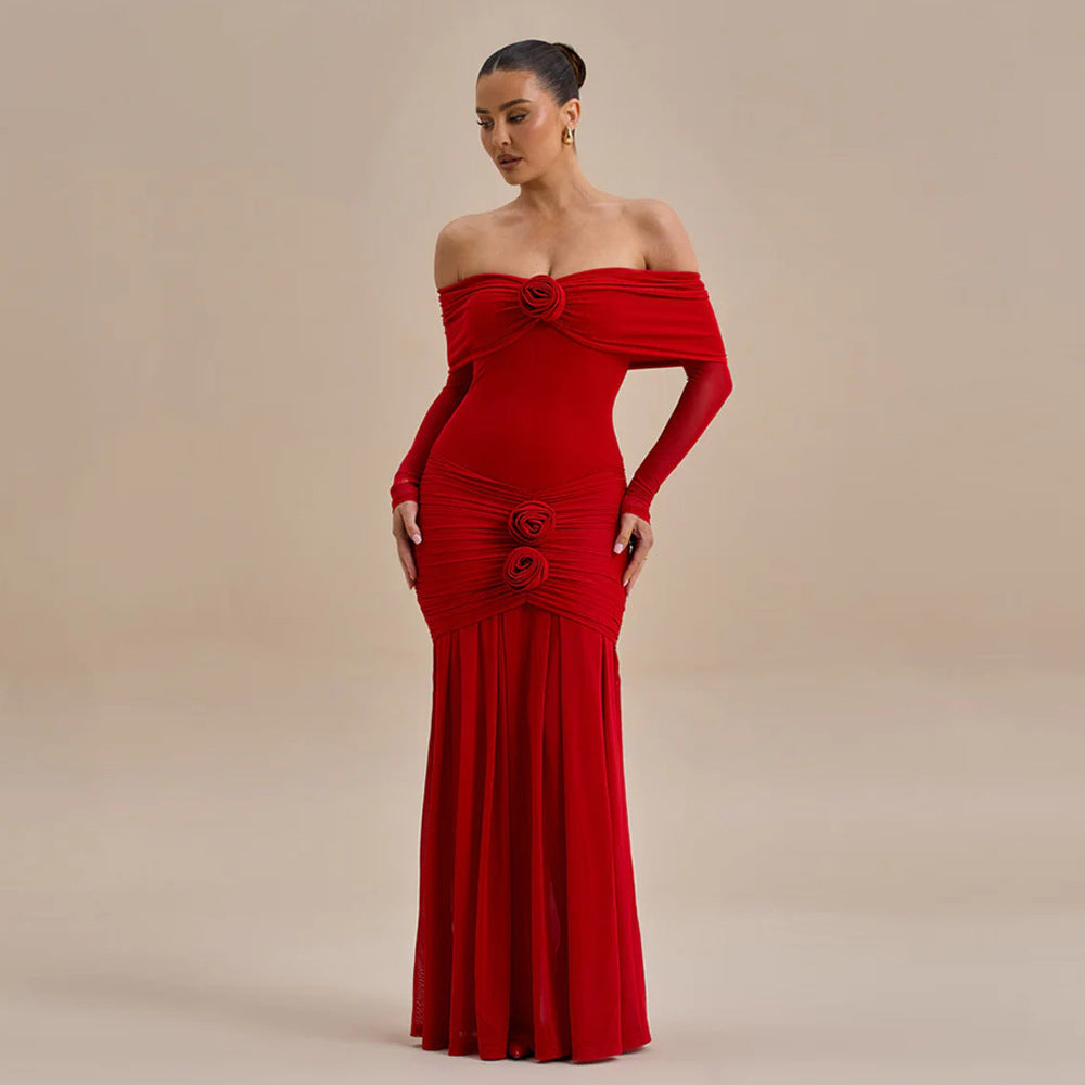 Women's Autumn Fashion Flower Decoration Sexy Pleated Dress
