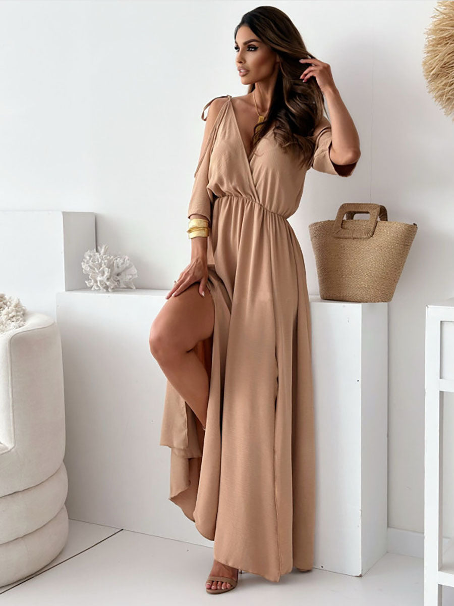Collar Slit Hemline Sleeves Sexy Strap Dress