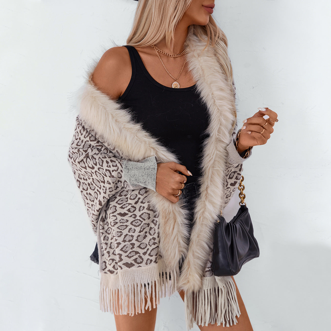 Women's Leopard Print Fur Collar Shawl Knitted Loose Batwing Sleeve Sweater