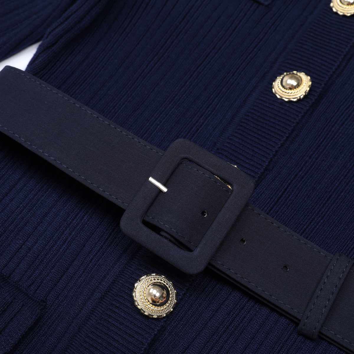 Long Sleeve Round Neck Belt Knitted Slim Dresses