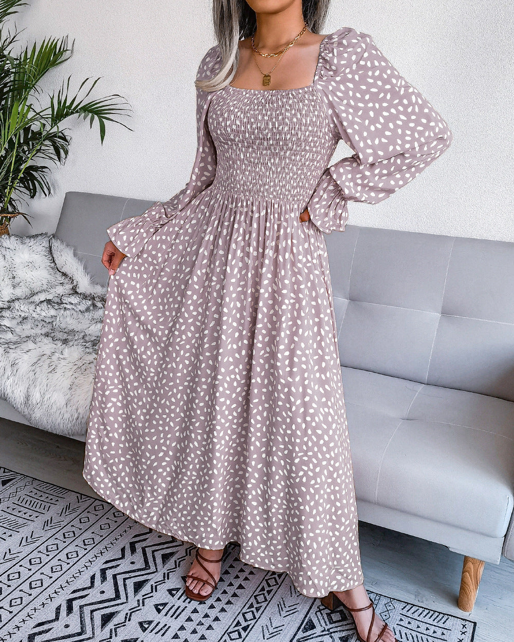 Women's Clearance Square Collar Long Sleeve Holiday Dress