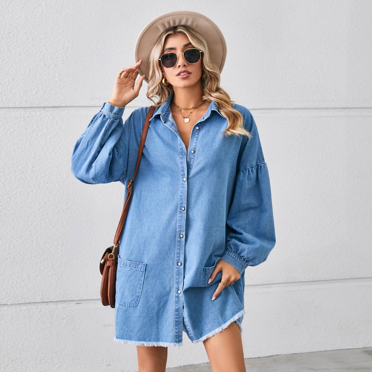 Loose Denim Long Sleeve Frayed Midi Dress