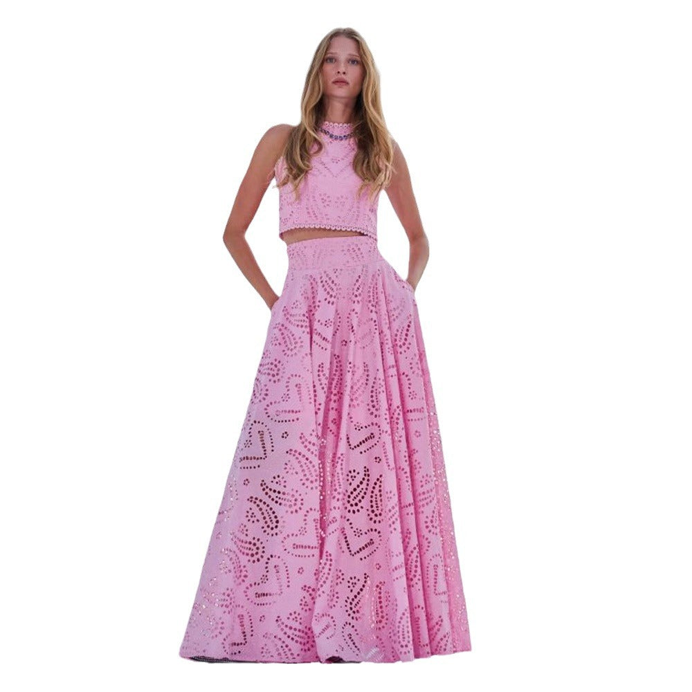Women's Autumn Elegance Sleeveless Embroidery Hollow Lace Long Dress Vacation Suits