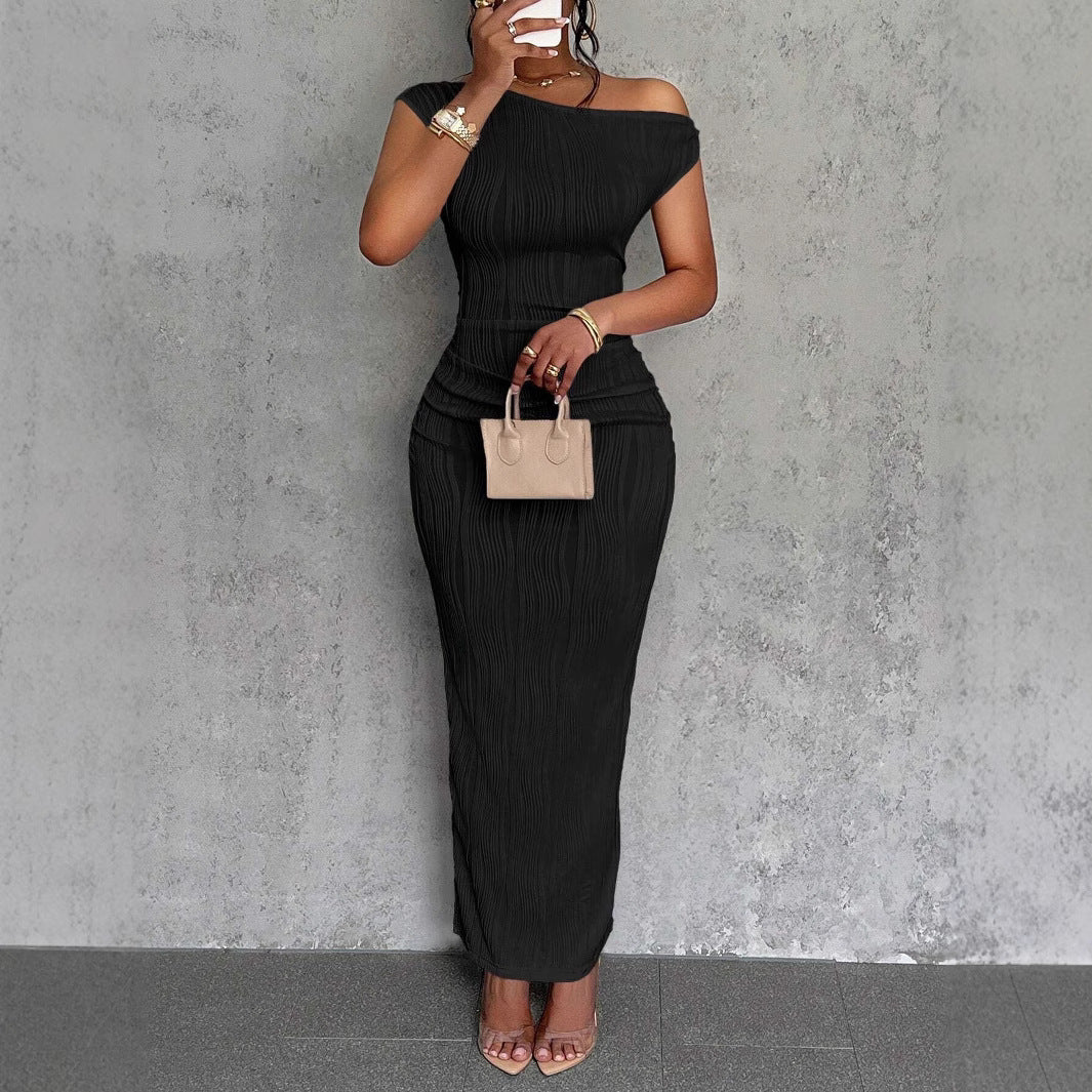 Women's Summer Oblique Shoulder Water Ripple Cute Fashion Slim Fit Date Dress