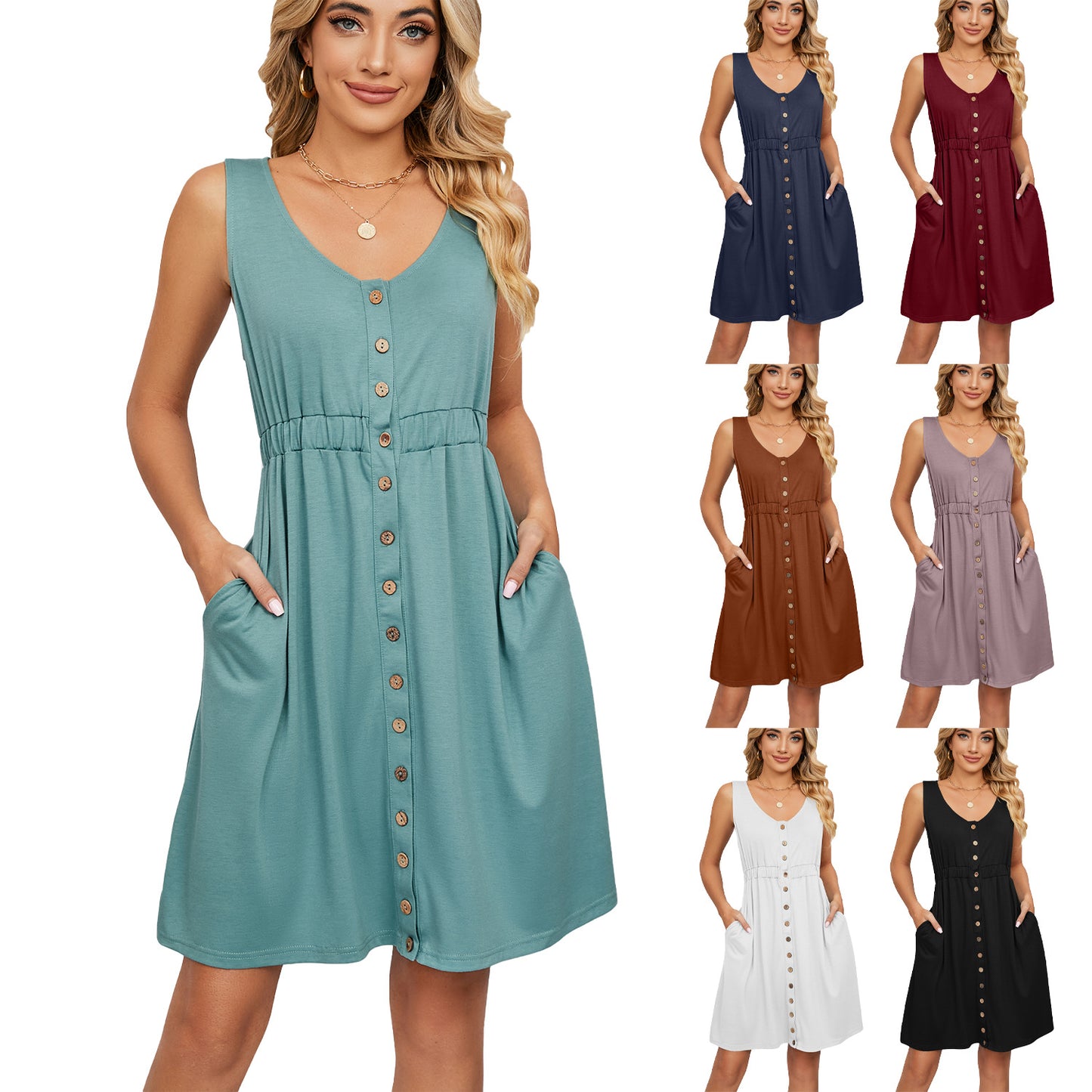 Sleeveless Button Pocket Crew Neck Split Dress