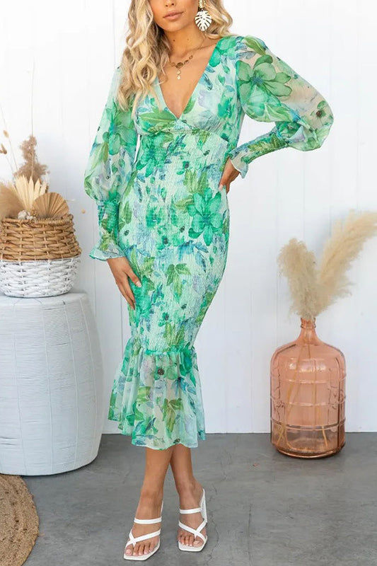 Women's Autumn Elegant Elastic Waist Long Sleeve Print Dresses