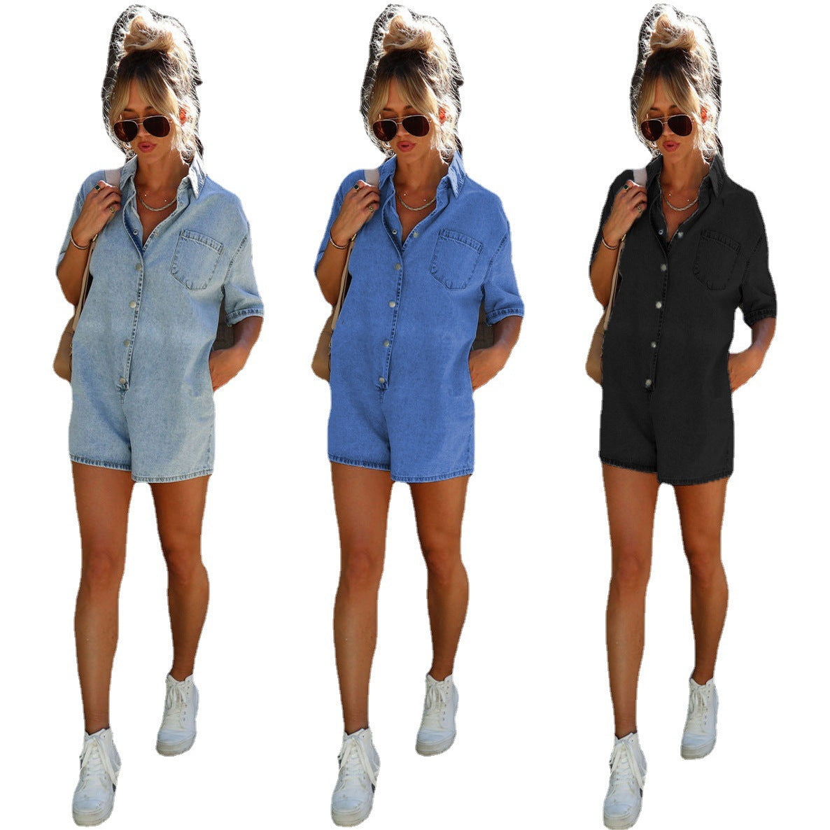 Summer Street Hipster Lapel Sleeve Denim Jumpsuits