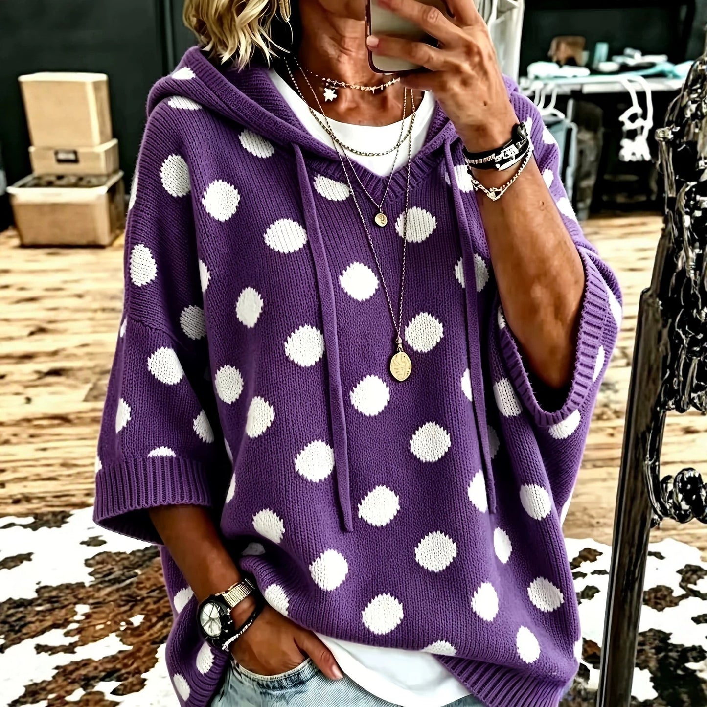 Women's Complete Sizes Elegant Loose Casual Style Polka Dot Sweater