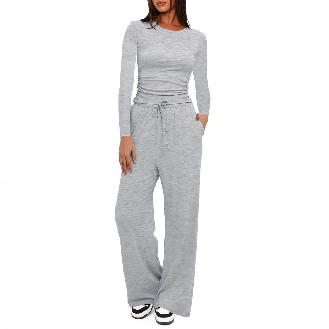 Women's Color Pleated High Waist Wide Leg Fashion Casual Suit