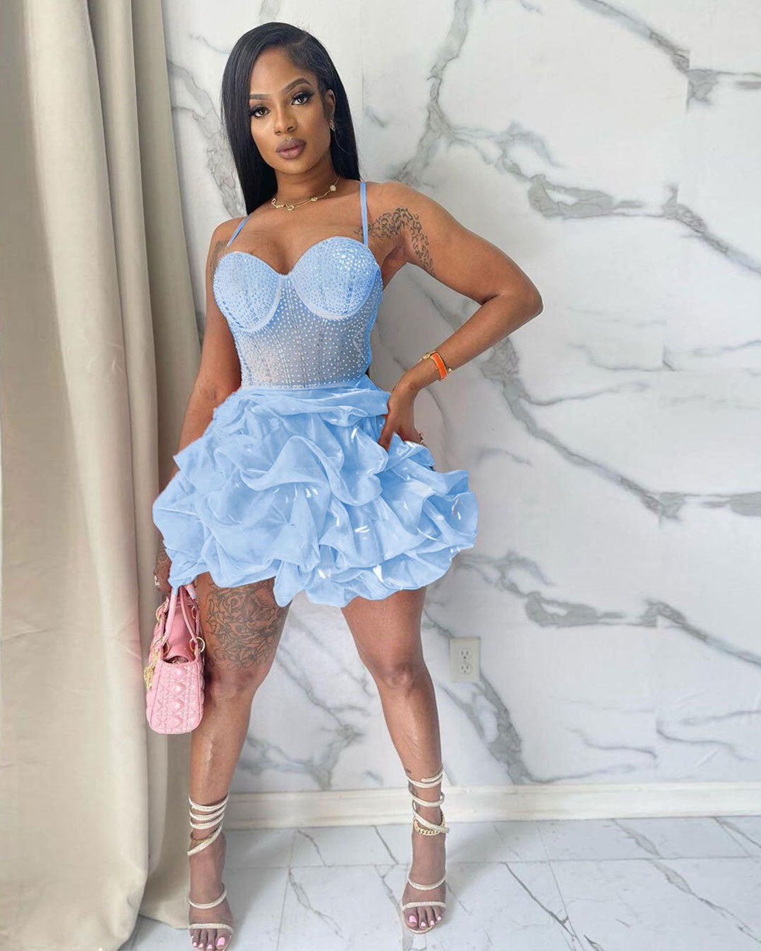 Fit Rhinestone Stretch Suspender Layered Dress Dresses