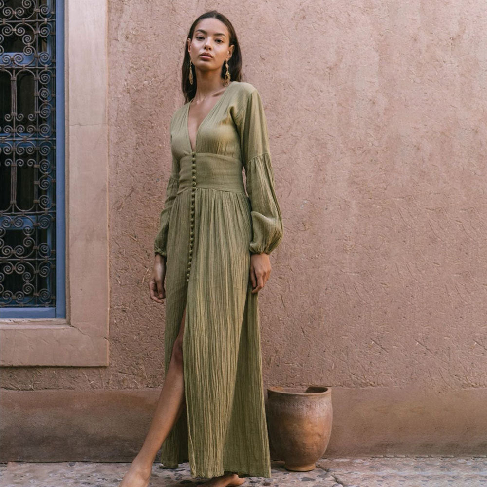 Women's Waist Pleated Loose Slit Temperament Long Dresses