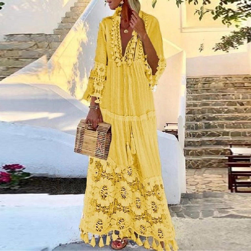 Tassel Stitching Beach Vacation Temperament Long Dresses